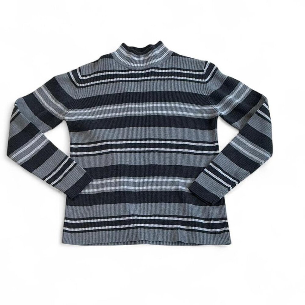 Retro 100% Cotton Gray Striped Ribbed Mock neck Long‎ Sleeve sz L